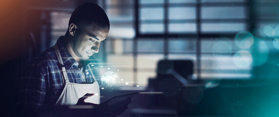 Aufkleber - Male person, tablet and hologram in sustainability for ecommerce, digital checklist and logistics. Night, technology and banner in power outage, quality control and stock inventory for small business
