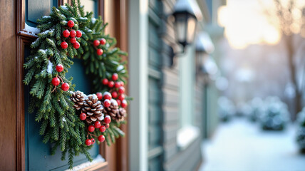 Wall Mural - Festive Christmas wreath on snowy house door during winter