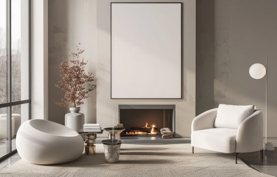 A cozy living room with a fireplace. a white armchair. and a large. blank canvas