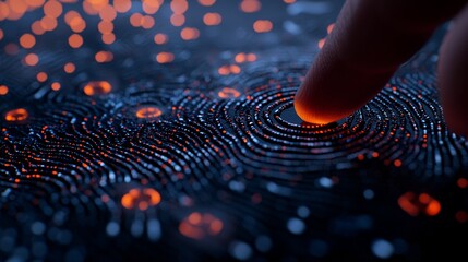 Fototapete - Finger touching electric spark, creating neural patterns on dark background, symbolizing AI learning technology