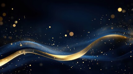 Poster - Abstract navy blue background with smooth curves and shimmering gold dots, exuding sophistication and grace