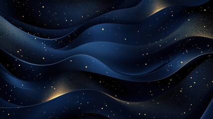 Poster - Abstract navy blue background with smooth curves and shimmering gold dots, exuding sophistication and grace