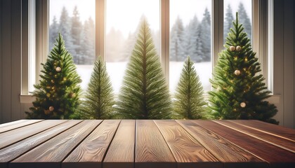 Aufkleber -  A wooden table stands empty except for space for display items and a few Christmas trees in_1(753)