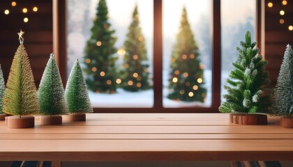Aufkleber -  A wooden table stands empty except for space for display items and a few Christmas trees in_1(751)