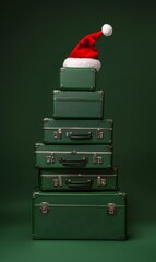 Aufkleber - Travel luggage Christmas tree with Santa's hat on top. Green background. 3D rendering & illustration.