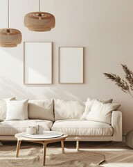 A minimalist living room with a white sofa. a gold frame. a wooden coffee table. and a vase with dried pampas grass