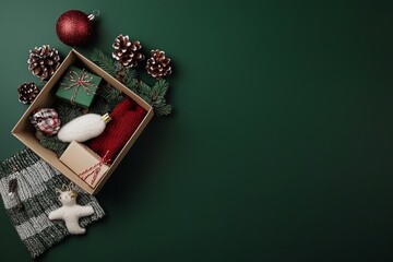 Aufkleber - An opened cardboard box with Christmas decorations and a Christmas tree on a green background. Christmas is here concept illustration with copy space. 3D rendering, 3D illustration.