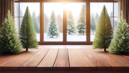 Aufkleber -  A wooden table stands empty except for space for display items and a few Christmas tree_1(754)