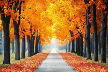 Poster - There are tall trees with bright, vibrant orange yellow foliage along with bright sunlight in the distance in an autumn alley