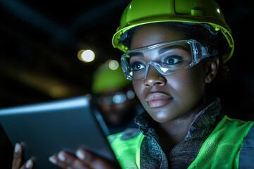 Poster - Standing in a heavy industrial factory, a female industrial engineer in a white helmet converses with workers behind her, with different metal parts of the project in view.