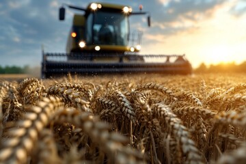 Poster - As the sun sets, a combine harvester collects ripe wheat in a golden field, with the sky adorned by orange clouds. This captures the essence of a plentiful harvest.
