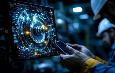 Poster - Engineers and teams in the industry, donning safety uniforms, operate lathe grinding machines within a factory setting.