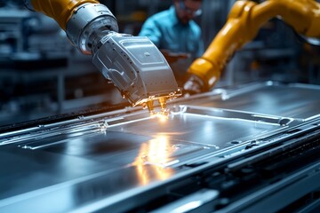 Fototapete - A young engineer in an automated industry reads a paper while standing beside robotic arms.