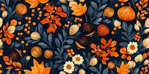 Poster - Leaves and plants in autumnal colors, seamless pattern