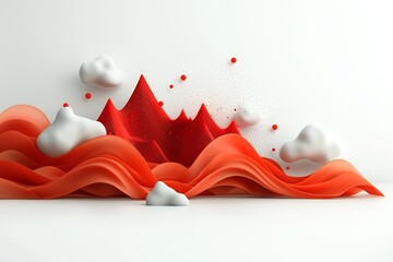 Poster - Dramatic and mesmerizing abstract digital art composition featuring a wave like formation of vibrant red dots and lines that create captivating 3D mountainous shapes against a bright white background