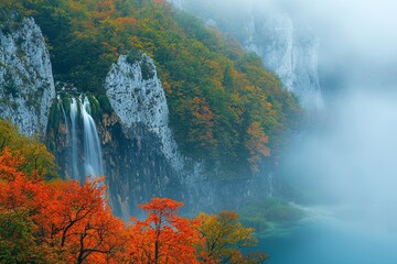 Poster - The Plitvice National Park is a beautiful natural wonderland. This picture shows a foggy waterfall in a mountain setting with a forest of orange autumn leaves on the background.