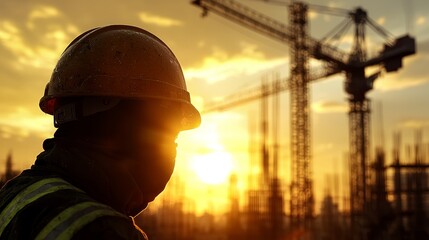 Leinwandbilder - A shadowed figure of an engineer and construction team at a site, against a hazy industrial background with light film grain, compiled from several reference images.