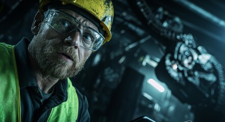 Aufkleber - A manager or industrial engineer utilizes a tablet to control robotic arms in a factory, focusing on automation and network connections. AI, Stock.