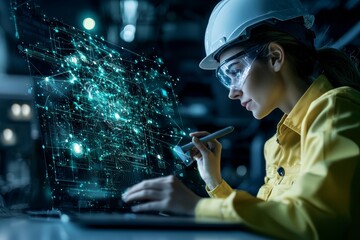 Aufkleber - A professional team at a factory, consisting of a male worker and a female engineer, works together in safety wear, featuring white and yellow helmets, and uses a laptop.