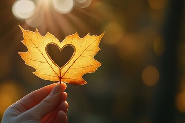 Poster - An autumn mood concept, with chaos of golden leaves on the ground and a yellow leaf with a heart in the hands of a woman
