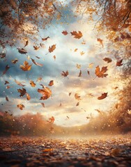Poster - The wind blows leaves up into the air as autumn season approaches.