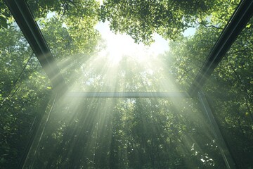 Aufkleber - A modern eco-friendly building with green trees and sustainable glass building to reduce heat and carbon dioxide. A green building concept.