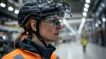 Poster - Automobile Factory Engineer Using Tablet Computer in Work Uniform. Automotive Manufacturing Facility with Robotic Arms Technology. Automated Assembly Plant.