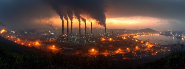 Aufkleber - An expansive scene of an industrial landscape, showcasing the dark outlines of factories and plants during the twilight of sunrise or sunset.