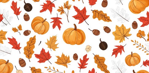 Poster - An autumn seamless pattern with pumpkins, leaves, leaves, and acorns