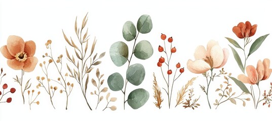 Poster - An isolated watercolor setting of autumn branches with a white background.