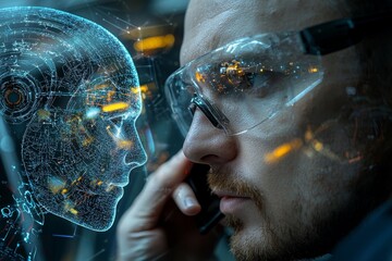 Poster - A veteran businessman scrutinizing a robotic arm in a manufacturing plant.