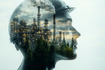 Aufkleber - An artistic representation of the energy sector and future manufacturing through a conceptual graphic design, using double exposure to depict an oil, gas, and petrochemical refinery, symbolizing the