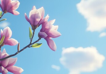 Poster - The pink magnolia flowers are framed against a blue background.