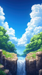 Wall Mural - serene landscape featuring waterfall cascading between rocky cliffs, surrounded by lush greenery and vibrant clouds in bright blue sky. This tranquil scene evokes sense of peace and adventure