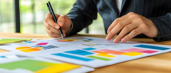 Poster - A person analyzing charts and graphs on a desk, using a pen for notes.
