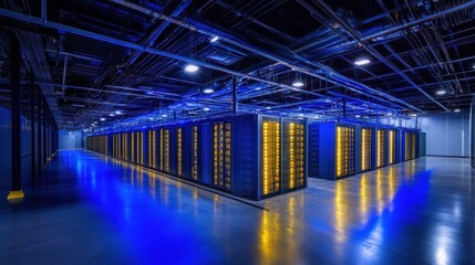 Poster - High-tech data center featuring glowing blue and yellow lights, reflecting cutting-edge technology and organization