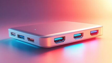 High-tech USB-C hub with multiple connections, rendered in 3D for a clean, futuristic aesthetic against a soft gradient.