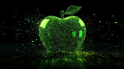 Poster - Neon Green Digital Apple with Glitchy Effect on Solid Black Background
