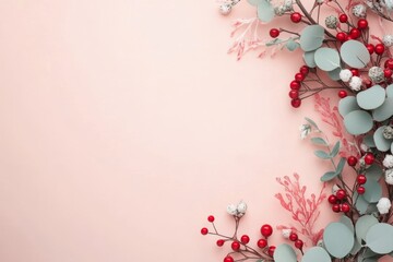 Wall Mural - Decorative arrangement of Christmas ornaments and greenery on a light background