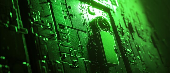 Poster - glitching neon green lock and key concept with digital matrix background