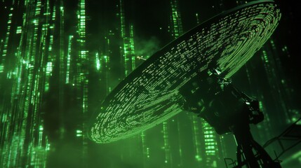 Poster - Neon Green Satellite Dish Glowing Against a Matrix-Inspired Background