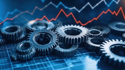 Poster - Interlocking gears with a downward trend graph in the background, symbolizing economic challenges and market decline