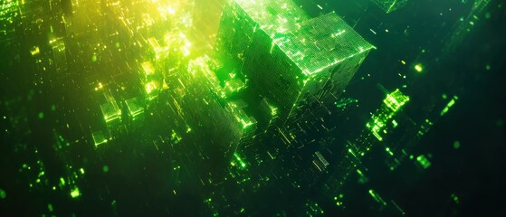 Poster - Glowing Neon Green Octagonal Shapes in Pixelated Digital Environment