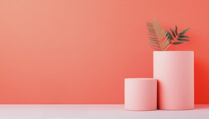 Wall Mural - Pink cylindrical containers on a pastel background in a minimalist setting