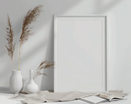 Minimalist white frame mockup with pampas grass and a magazine in a natural light setting