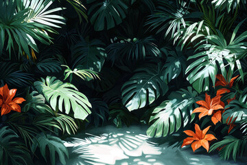 Lush green foliage with vibrant orange flowers creates tropical paradise, showcasing rich variety of leaves and textures. interplay of light and shadow adds depth to this serene scene