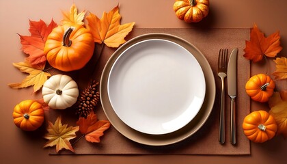 Fototapete -  A Thanksgiving table setting is depicted in a flat lay with mini pumpkins, autumn leaves, a_1(604)