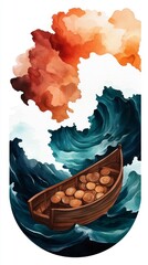 Poster - A wooden boat navigates turbulent waves beneath a dramatic sky, filled with swirling clouds in shades of orange and blue, symbolizing adventure and uncertainty.