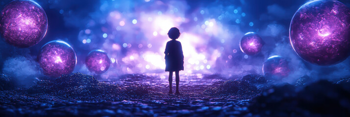 Wall Mural - young figure stands in mystical landscape filled with glowing orbs and ethereal light. scene evokes sense of wonder and exploration in dreamlike environment