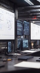 Fototapete - A modern workspace with multiple screens displaying code and diagrams for tech development.